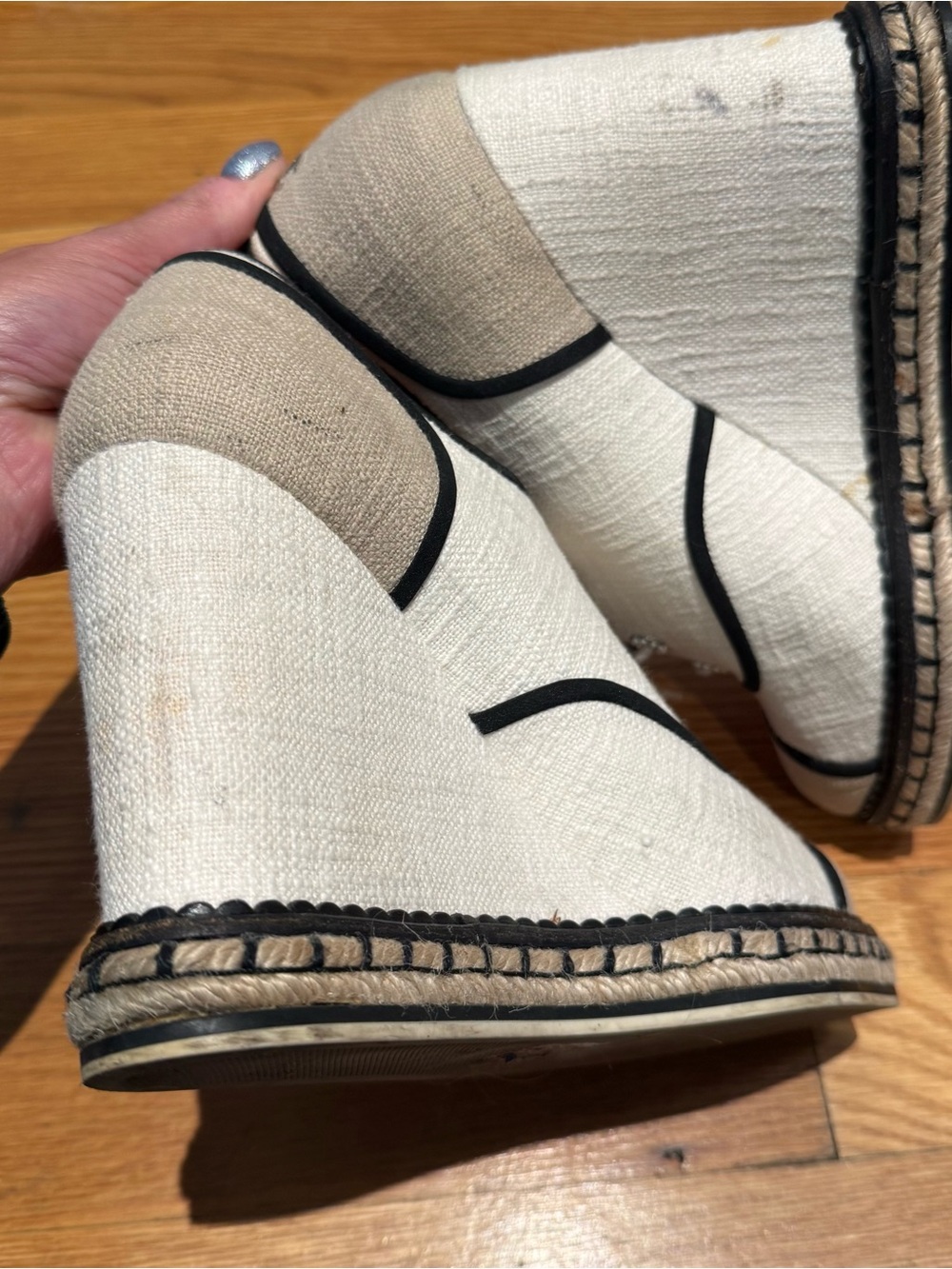 CHANEL Cream Black Linen Lace-Up Espadrille Wedge Shoes Size 41 - Picture 9 of 13